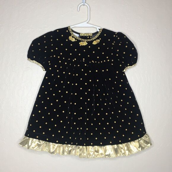 Vintage Jo Lene Black Gold Polkadot Velvet High Waist Dress Girls Size 4T - Picture 1 of 8